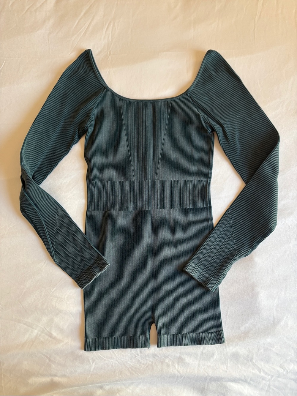 Dynamic Dark Teal Ribbed Long Sleeve Romper Scoop Neck Bodycon Grunge Casual